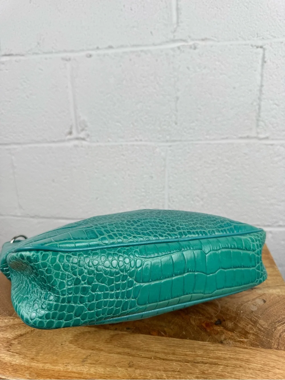 Longchamp Roseau Croc Embossed Leather Shoulder Bag Turquoise Teal France